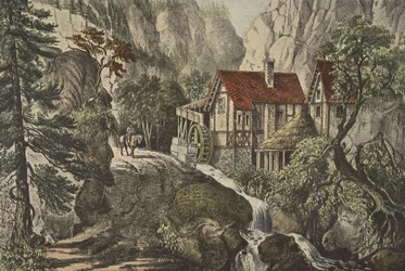 Puzzelplaat - Oude Zwitserse molen, uitgegeven 1872, Currier & Ives